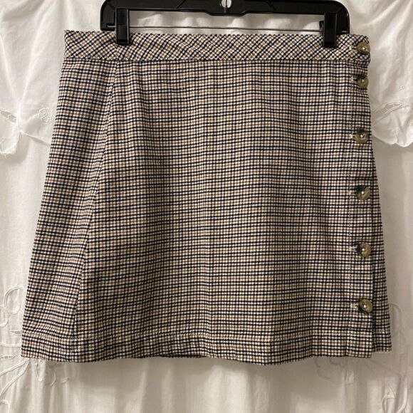 H&M Divided Side Button Plaid Cotton Hounds Tooth Skirt Size 10 - Picture 1 of 7